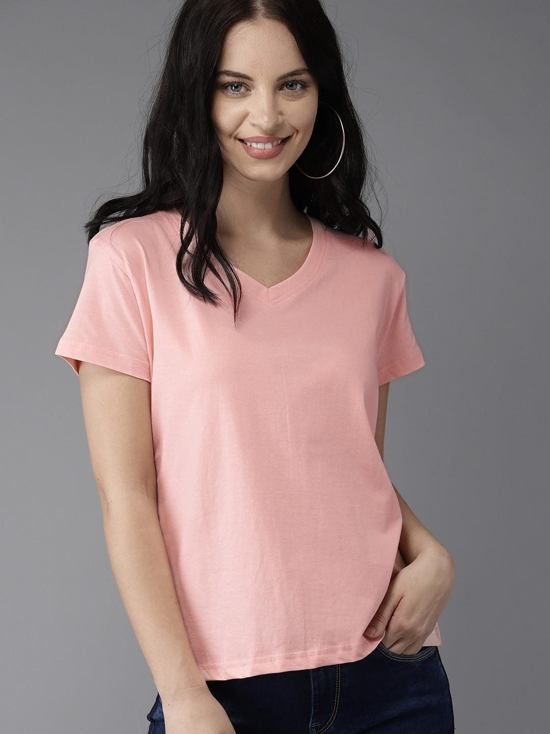 

HERENOW Women Peach-Coloured Solid V-Neck Pure Cotton T-shirt