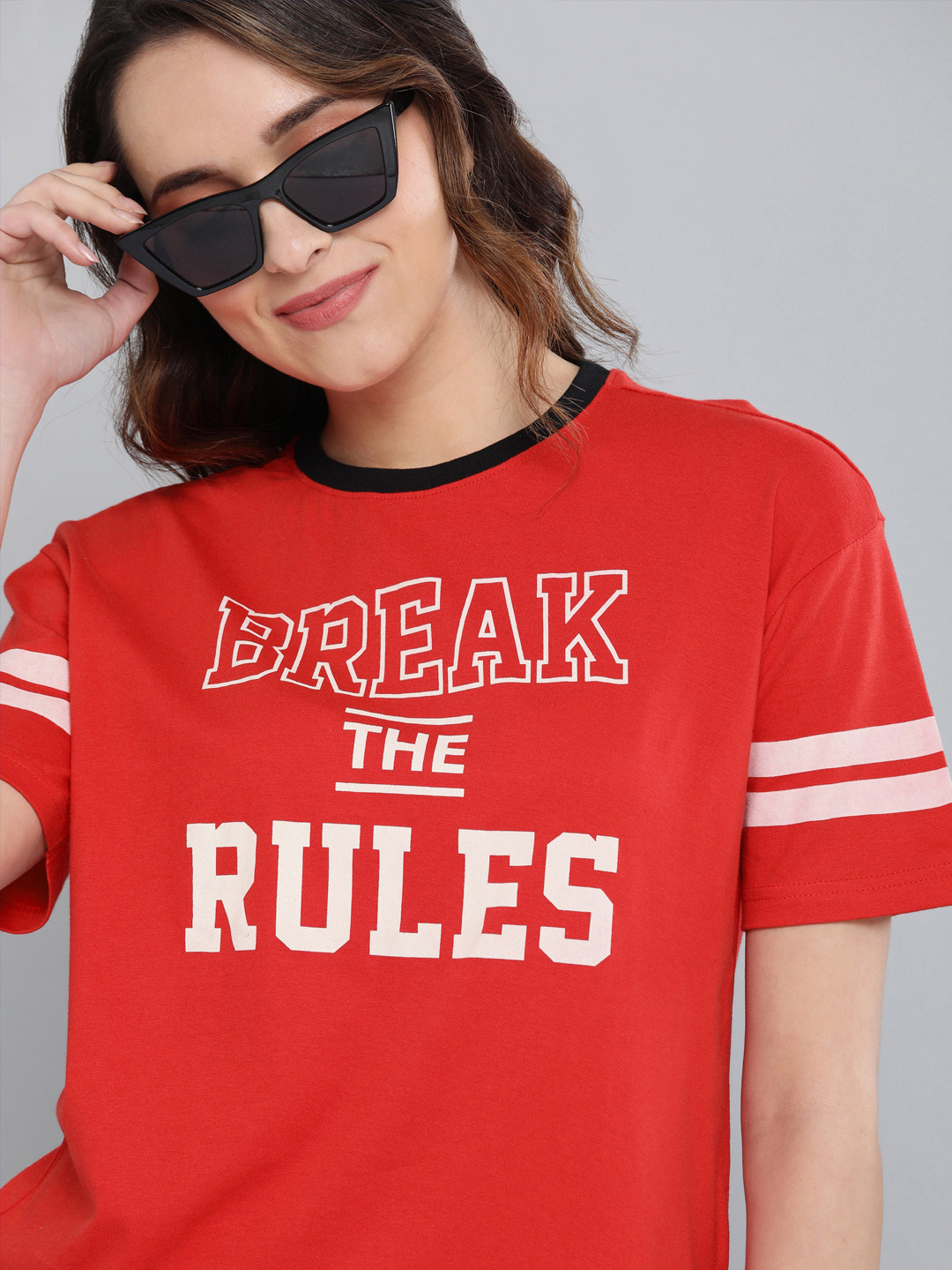 

HERE&NOW Women Red Printed Round Neck T-shirt