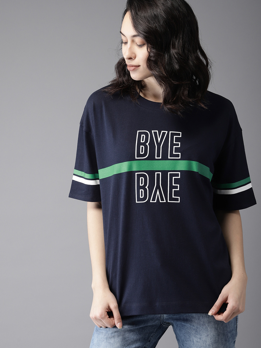 

Moda Rapido Women Navy Blue Printed Round Neck Pure Cotton T-shirt