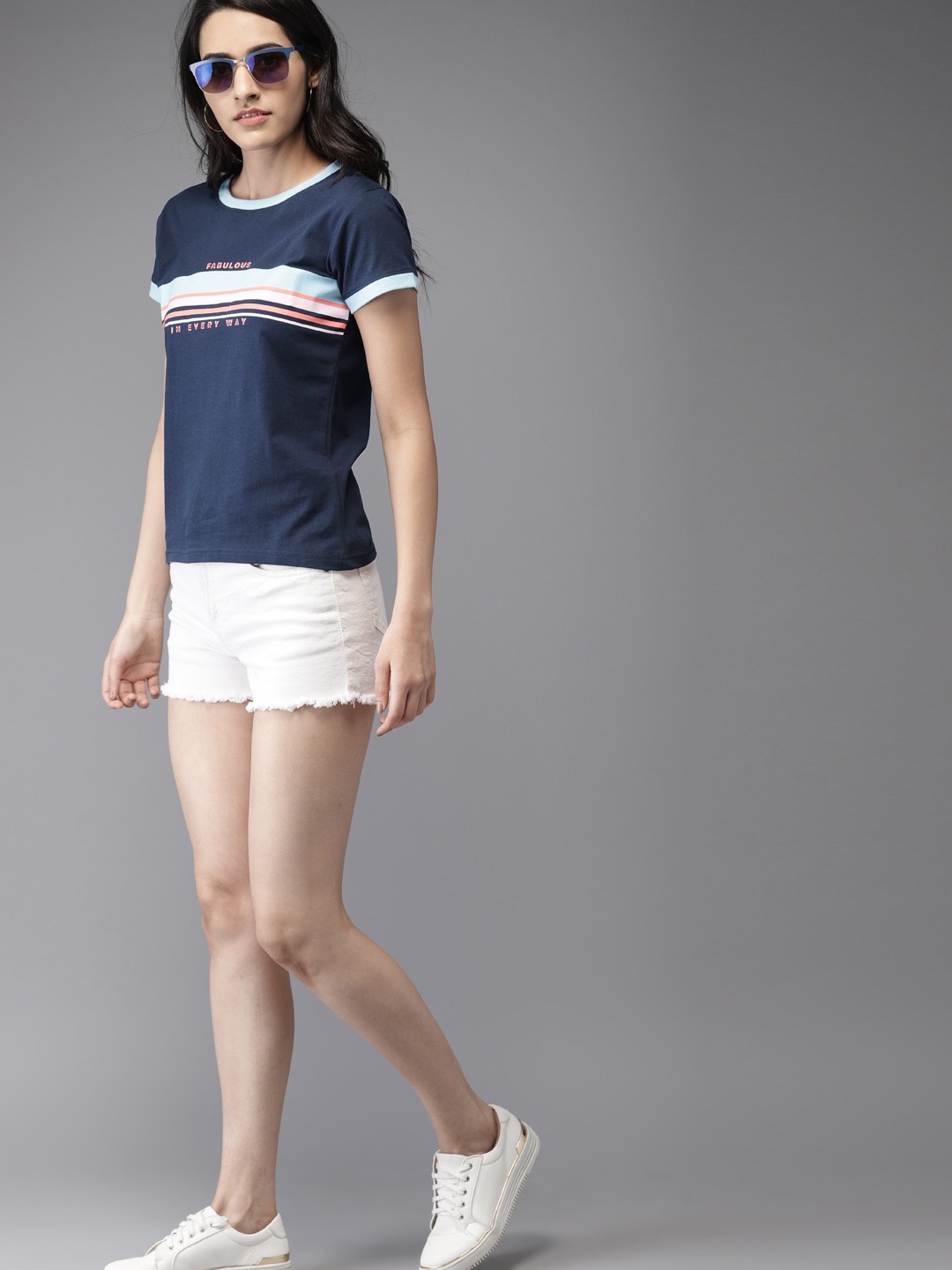 

Moda Rapido Women Navy Blue Striped Round Neck T-shirt