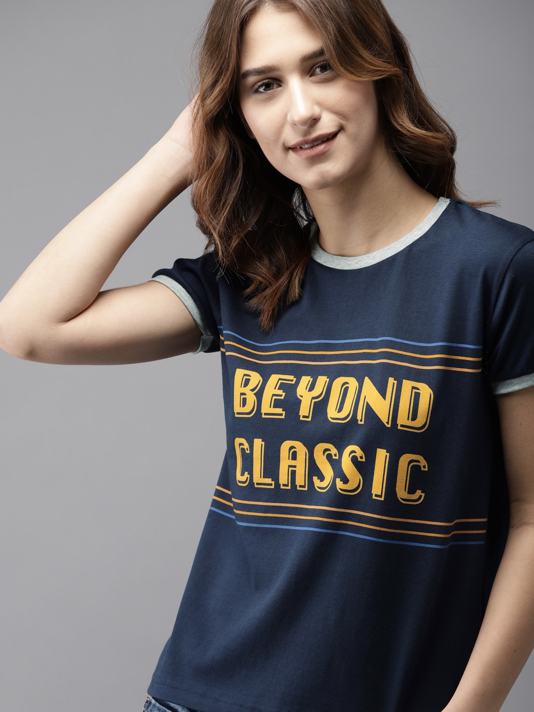 

HERENOW Women Navy Blue Printed Round Neck Pure Cotton T-shirt