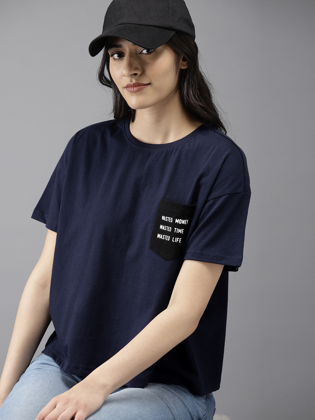 

Moda Rapido Women Navy Pure Cotton T-shirt, Navy blue