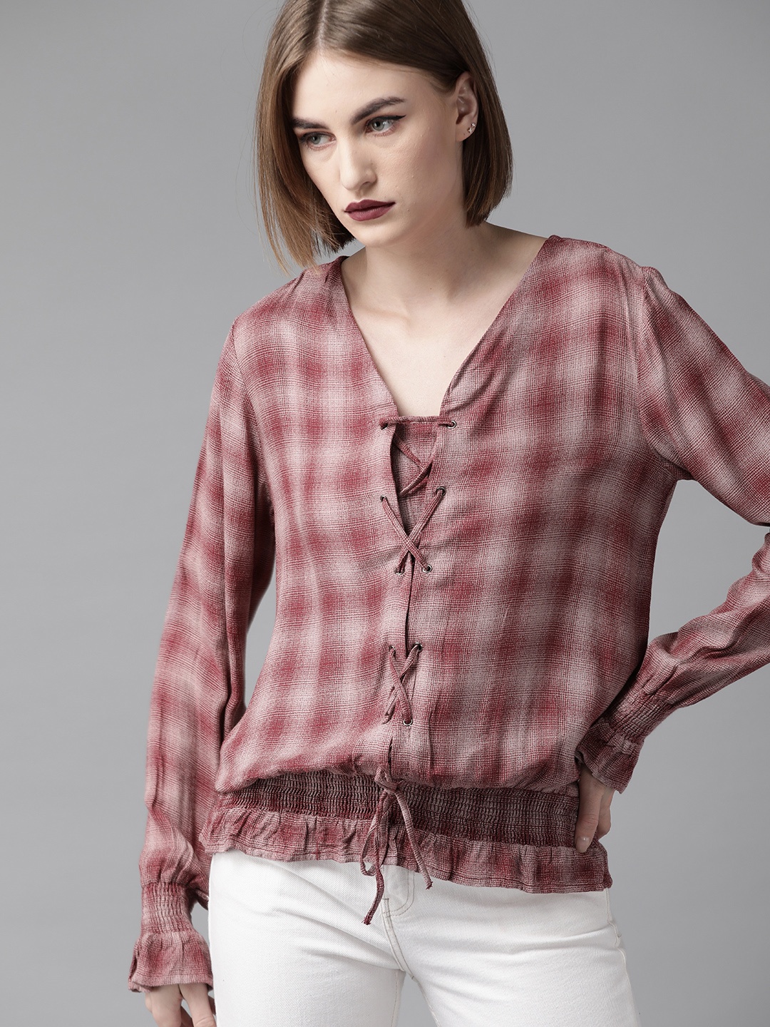 

Roadster Women Burgundy & Off-White Checked Blouson Top