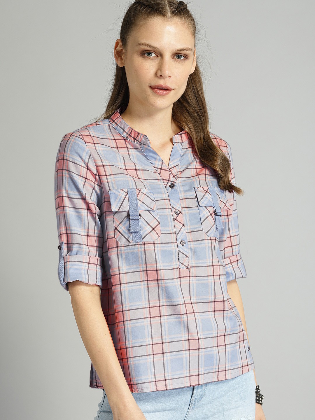 

Roadster Women Blue & Peach-Coloured Regular Fit Checked Casual Shirt