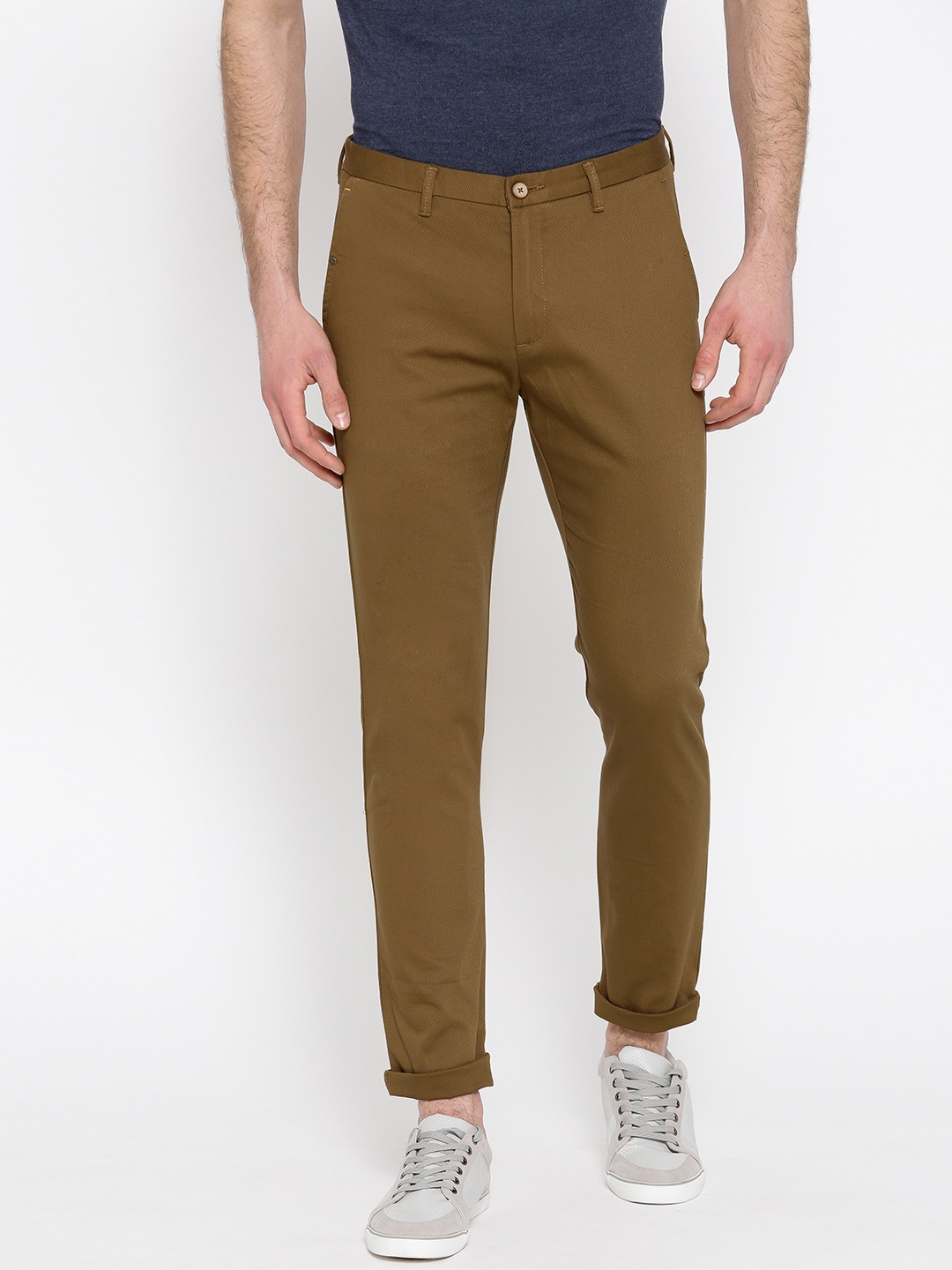 

Blackberrys Men Olive Brown Slim Fit Solid Regular Trousers