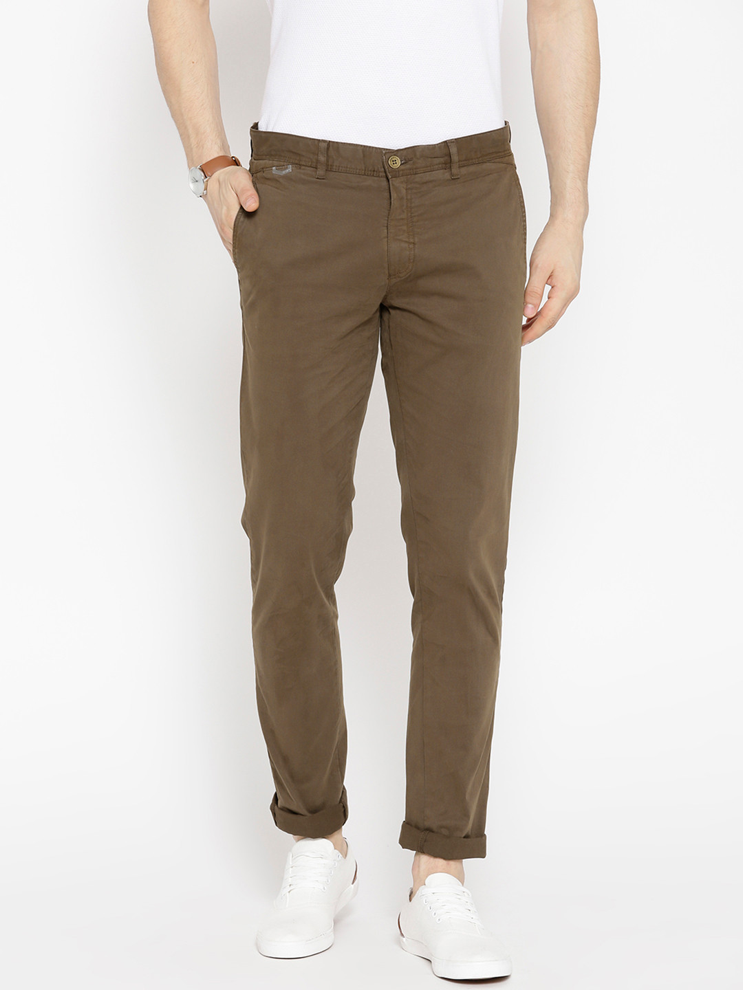 

Blackberrys Men Olive Brown Slim Fit Solid Chinos