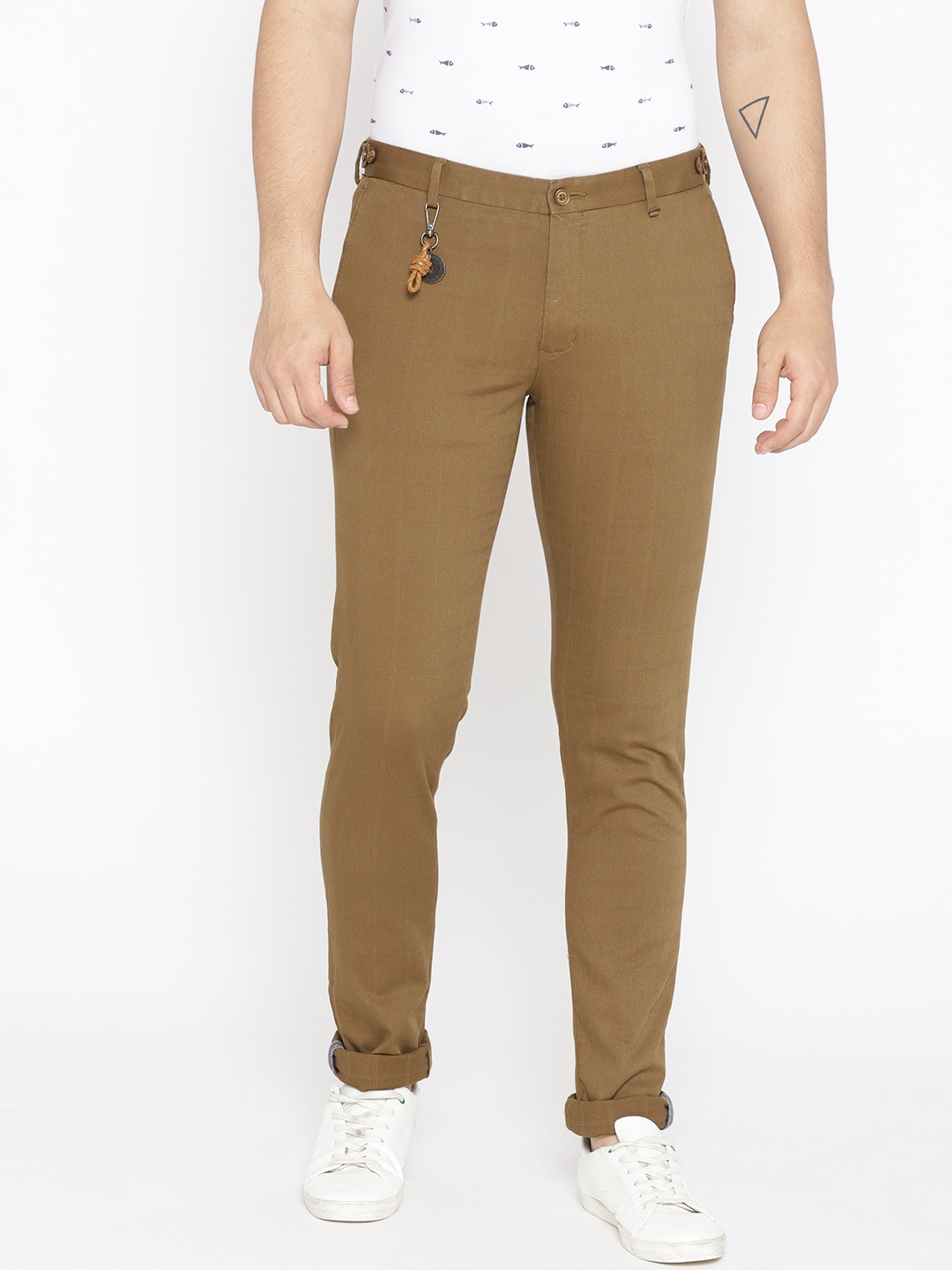 

Blackberrys Men Olive Brown B-91 Skinny Fit Checked Chinos