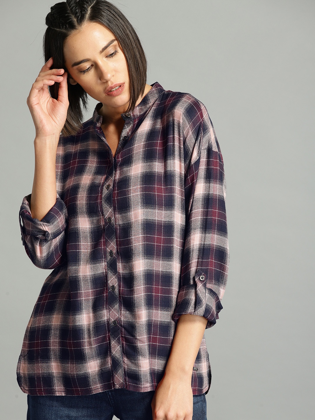 

Roadster Women Navy Blue Checked Regular Fit Casual Shirt