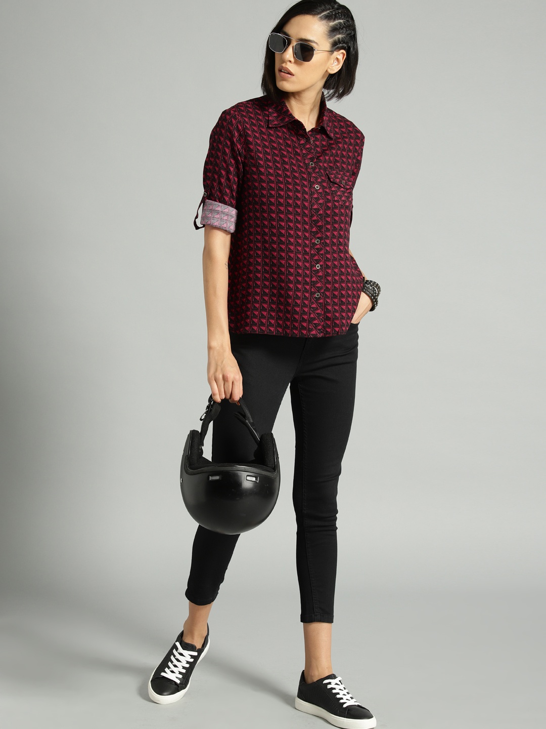 

Roadster Women Black & Red Regular Fit Printed Casual Shirt