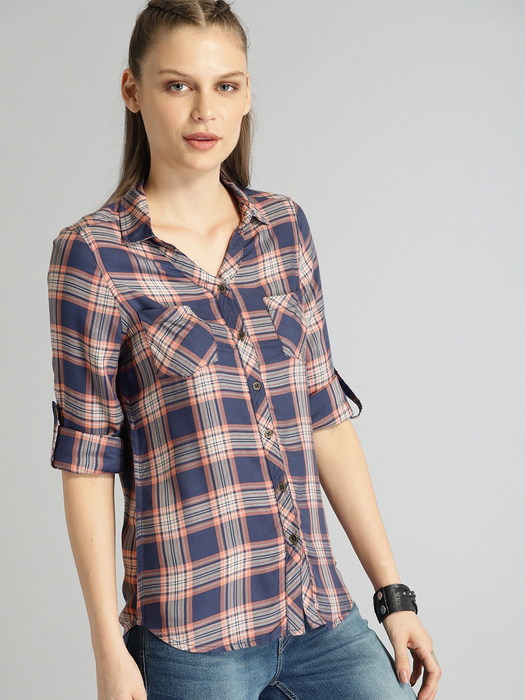 

Roadster Women Blue & Coral Orange Regular Fit Checked Casual Shirt