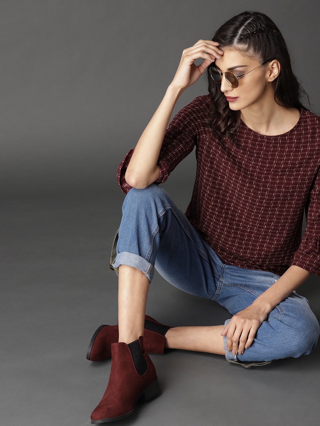 

Roadster Women Maroon Checked Top