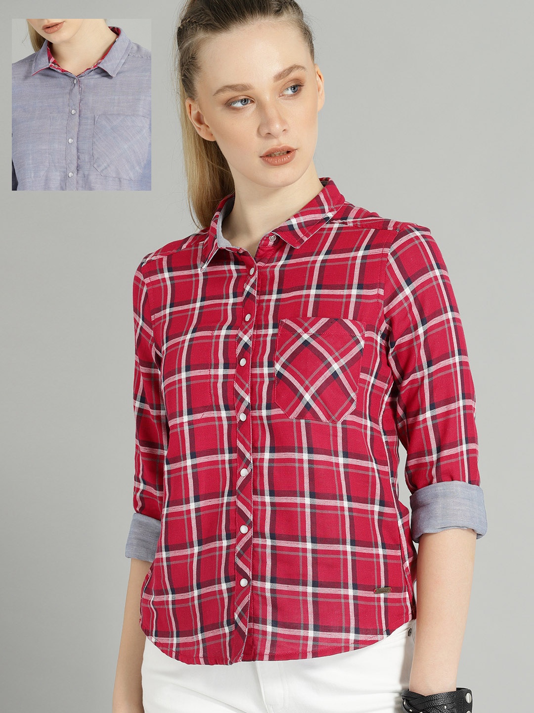 

Roadster Women Red Regular Fit Checked Reversible Casual Shirt