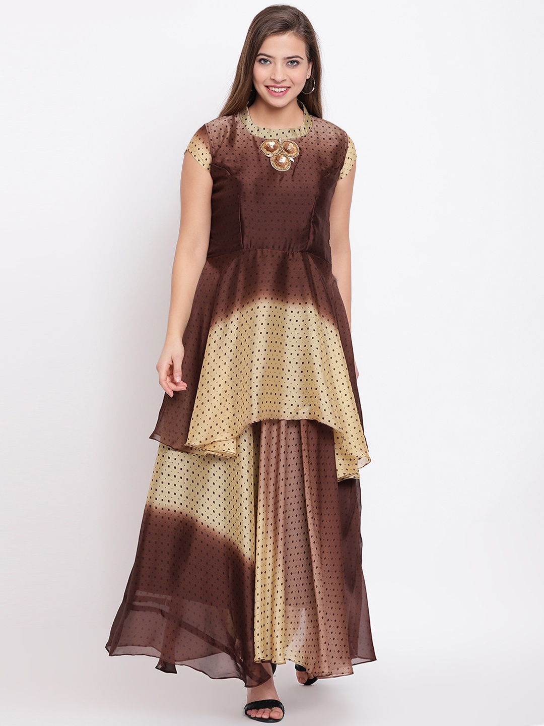 

Kvsfab Women Brown & Cream-Coloured Printed A-Line Kurta