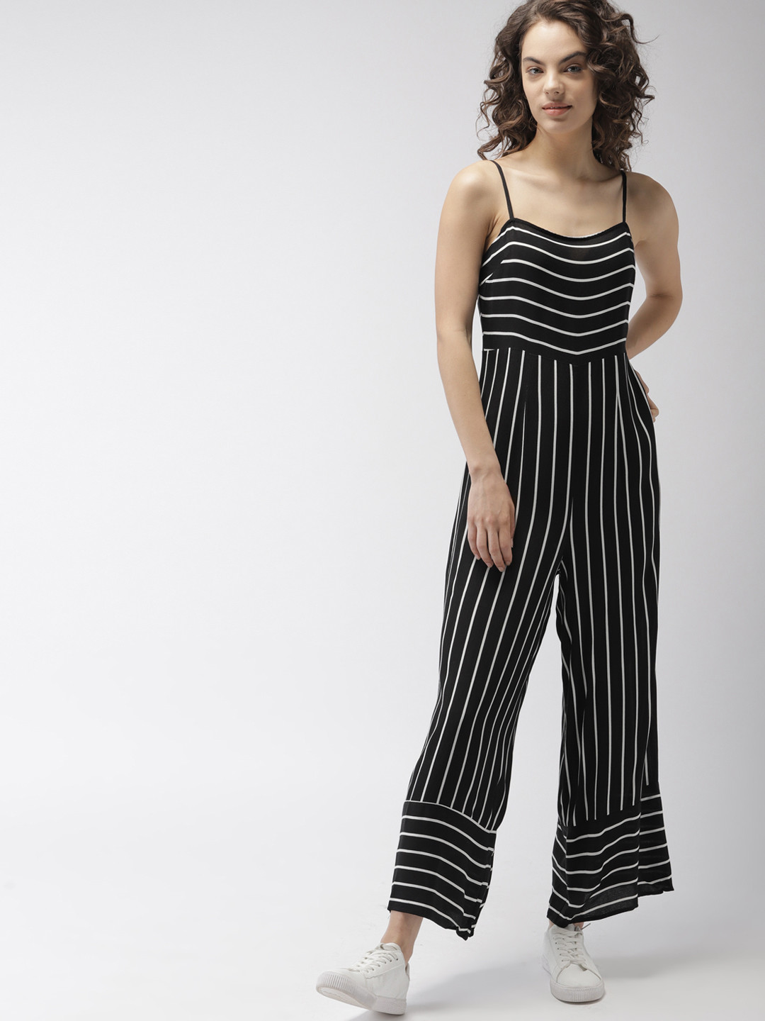 

FOREVER 21 Black & White Striped Basic Jumpsuit