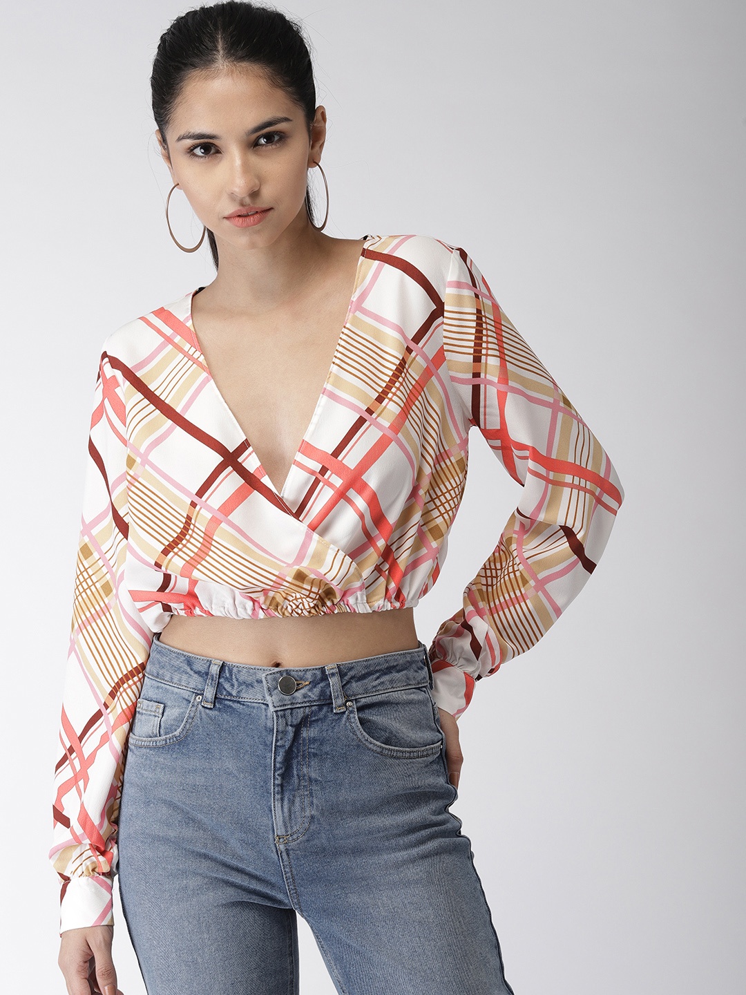 

FOREVER 21 Women White Checked Wrap Top, Multi