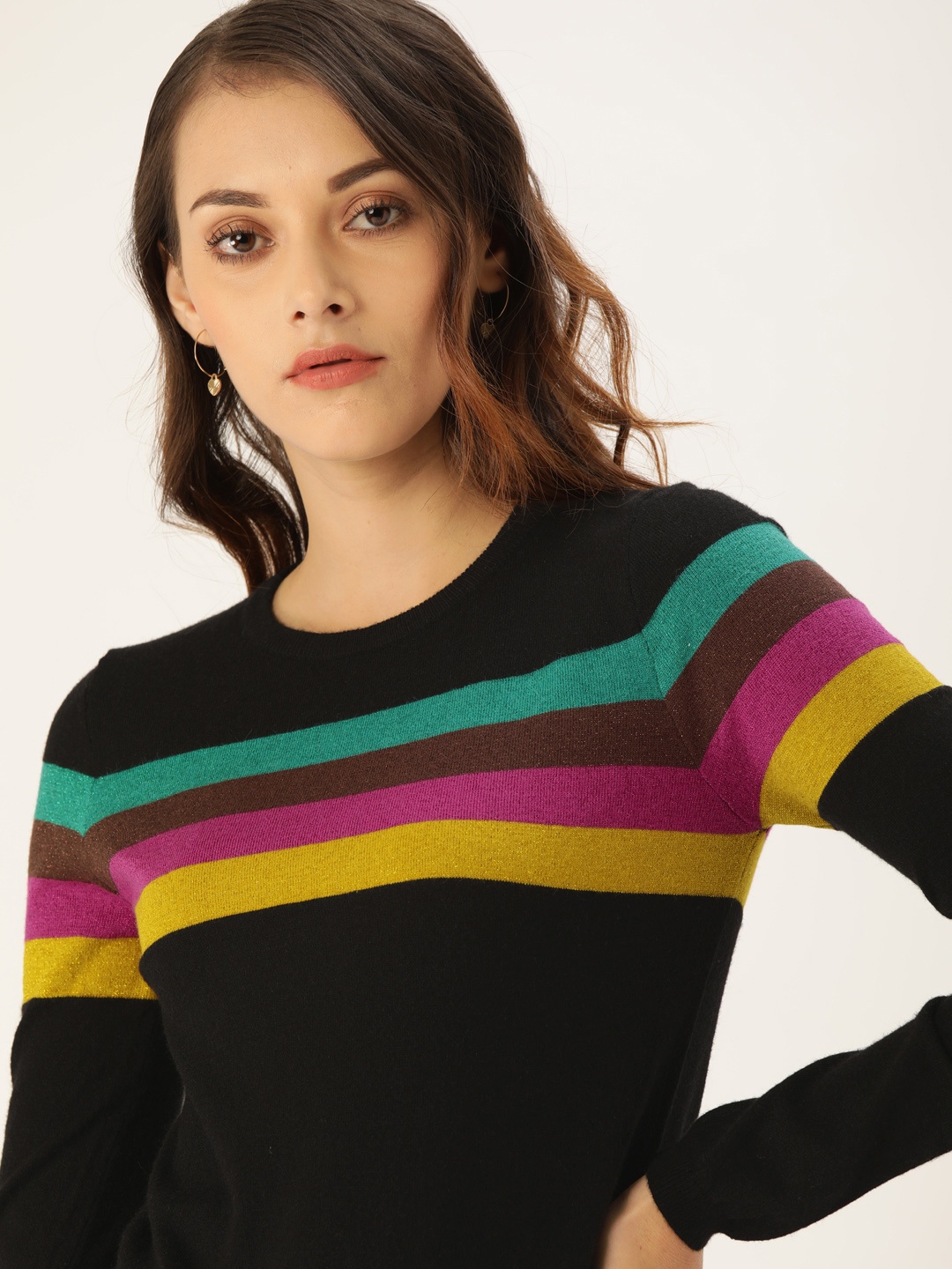 

FOREVER 21 Women Black Striped Pullover Sweater