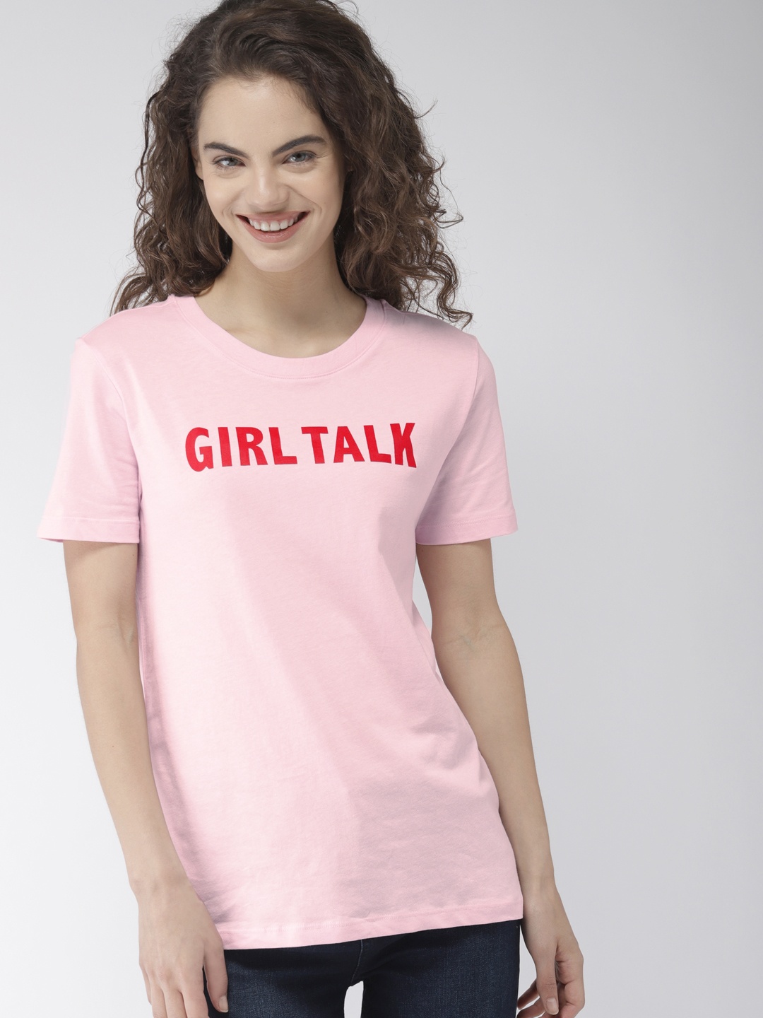 

FOREVER 21 Women Pink Printed Round Neck Pure Cotton T-shirt