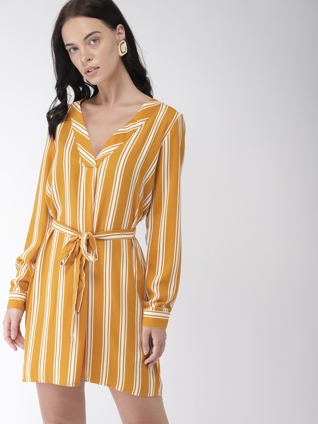 

FOREVER 21 Women Mustard Yellow & White Striped Sheath Dress