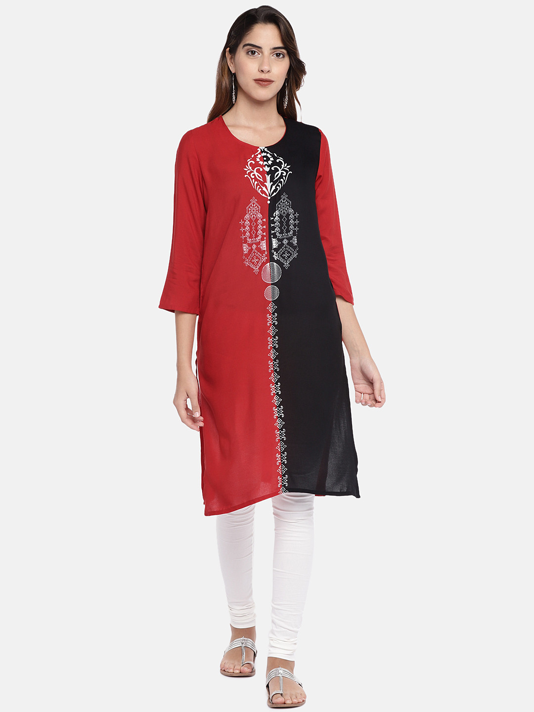 

Globus Women Red & Black Colourblocked Straight Kurta