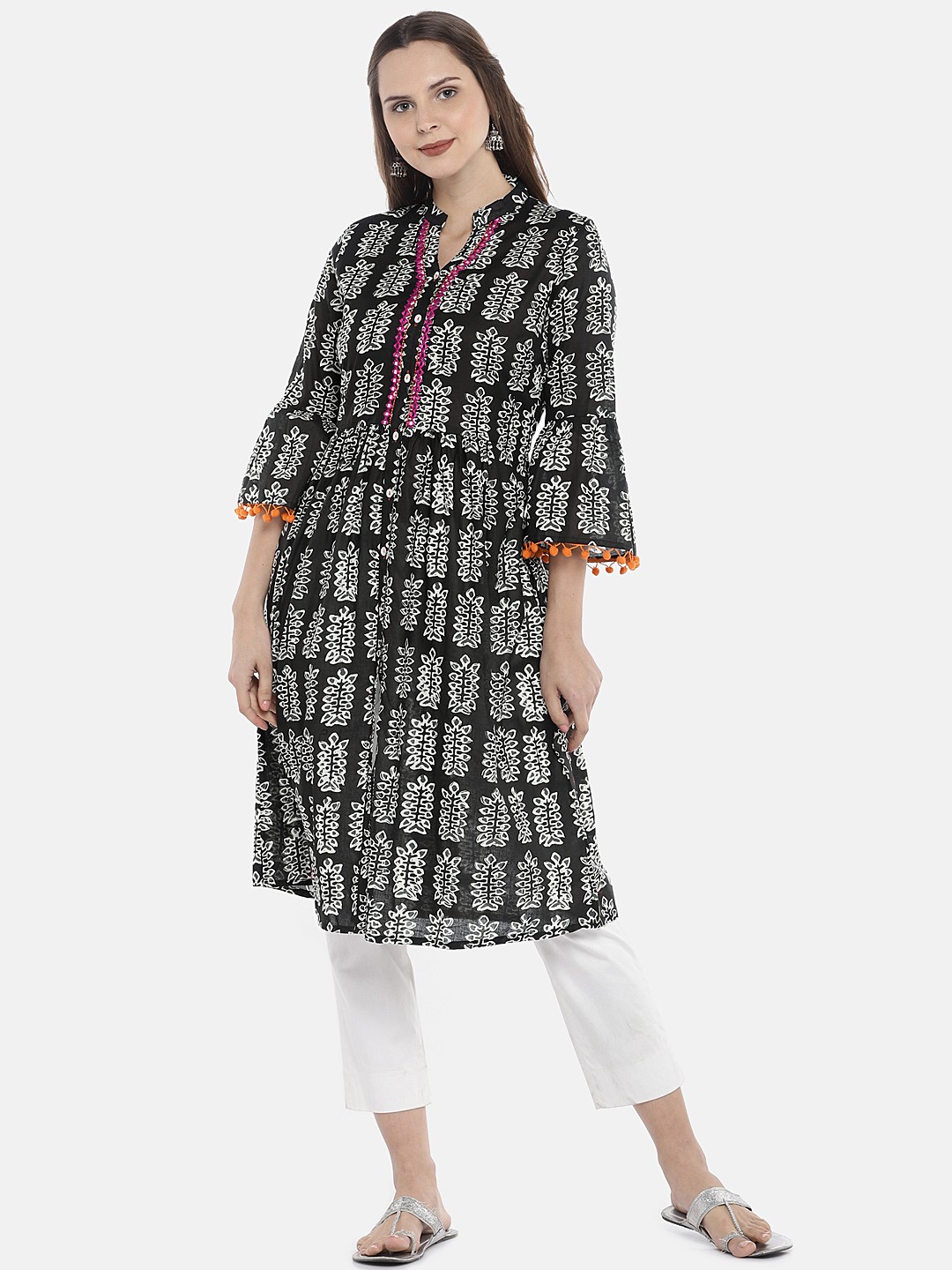 

Globus Women Black & Off-White Printed A-Line Kurta