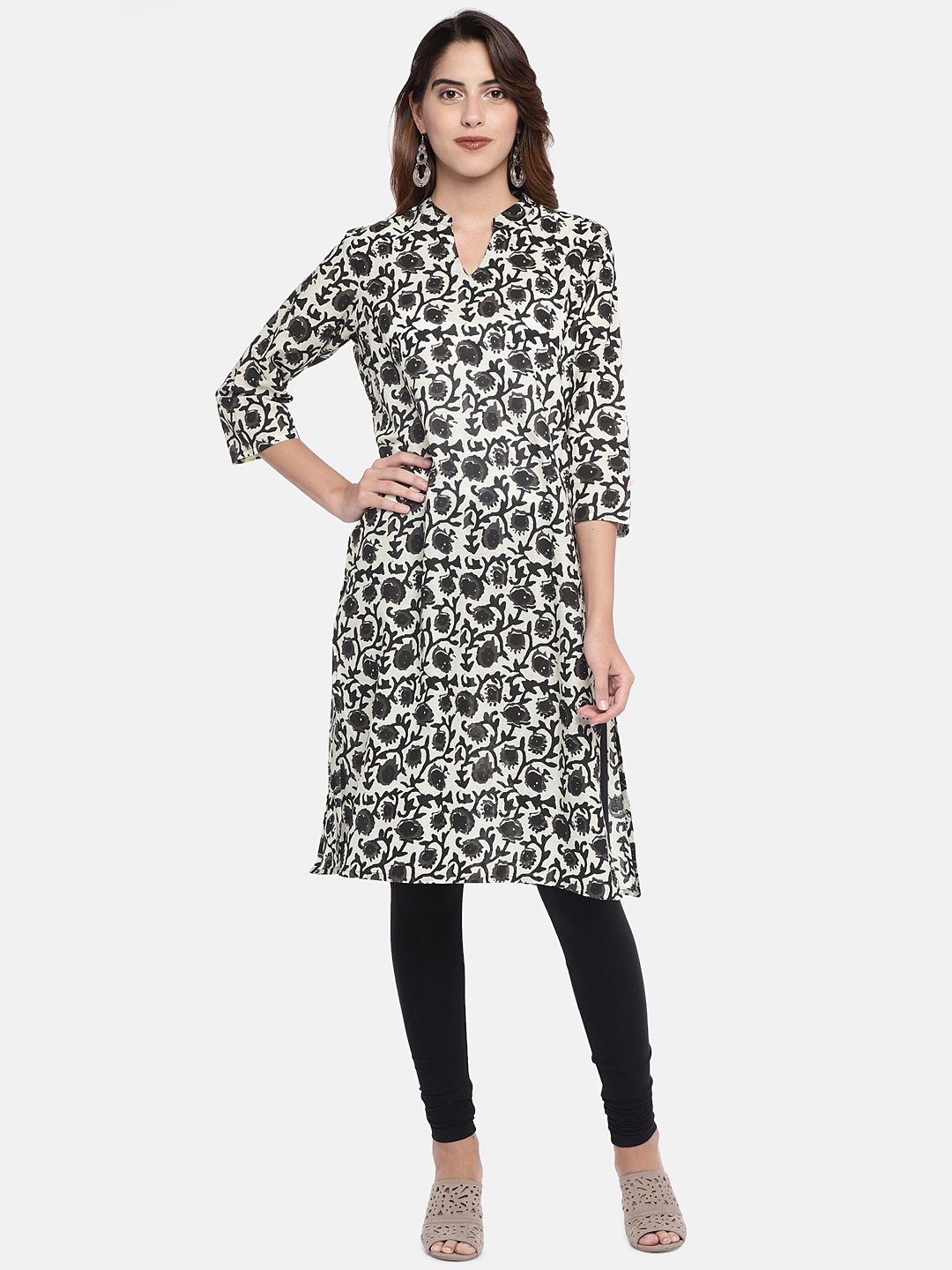 

Globus Women Black & White Printed Straight Kurta