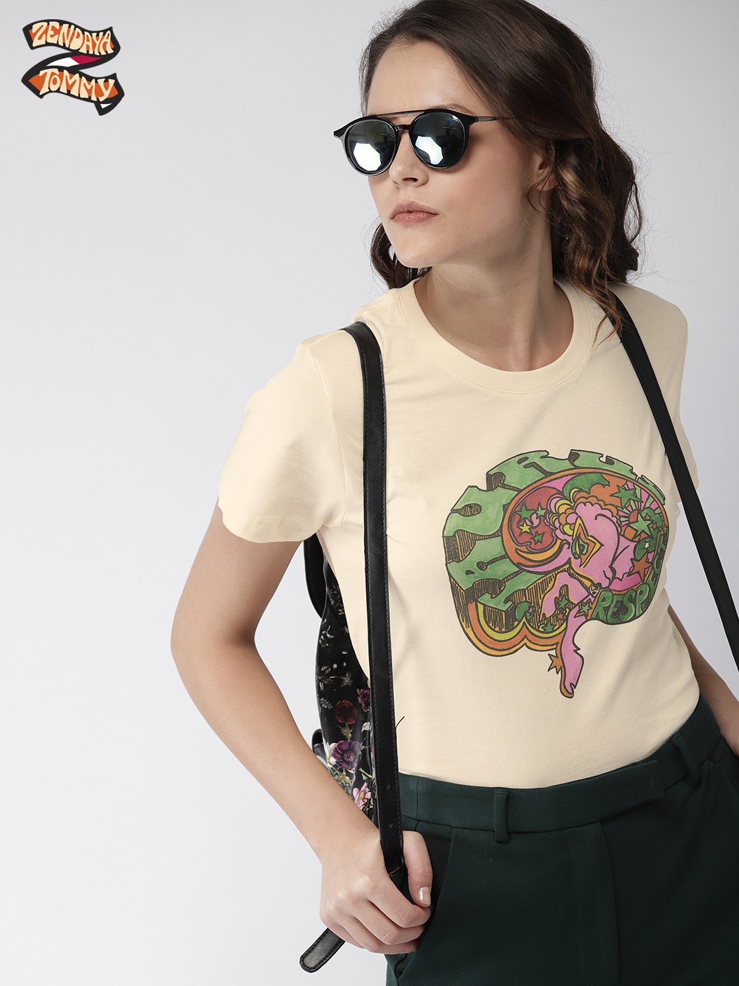 

Tommy Hilfiger TommyxZendaya Women Cream-Coloured Printed Round Neck Pure Cotton T-shirt