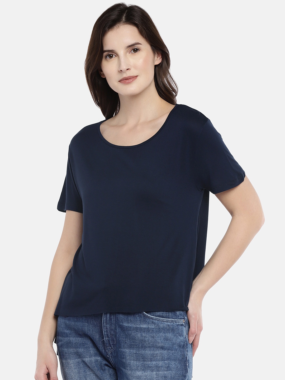 

Globus Women Navy Blue Solid A-Line Top