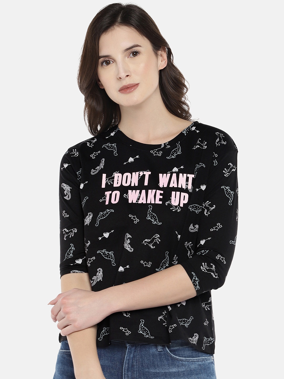 

Globus Women Black Printed Boxy Pure Cotton Top