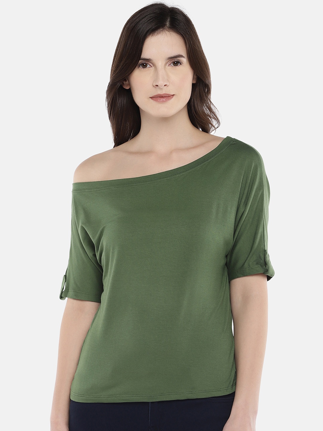 

Globus Women Olive Green Checked Blouson Top