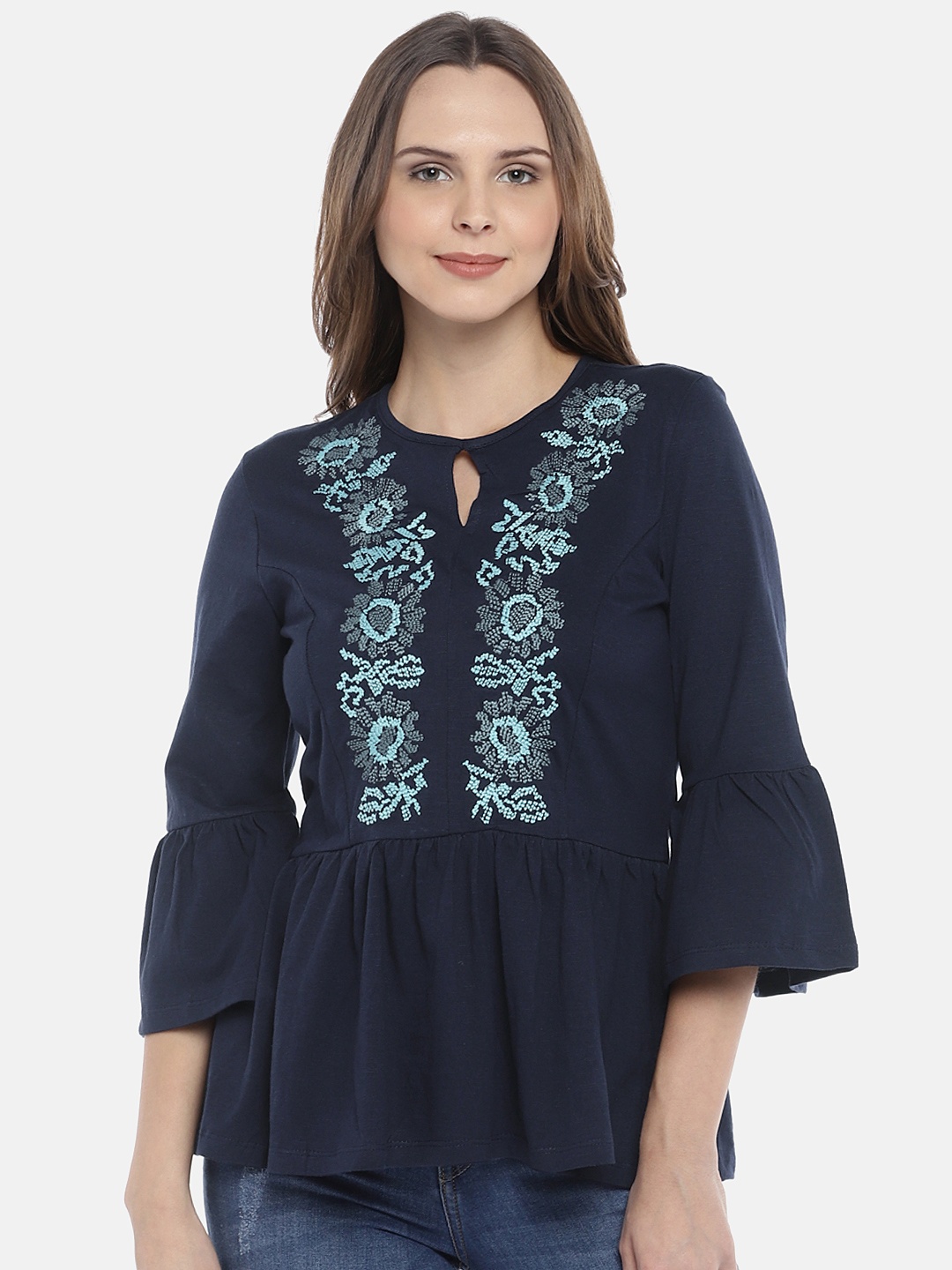 

Globus Women Navy Blue Printed Peplum Pure Cotton Top
