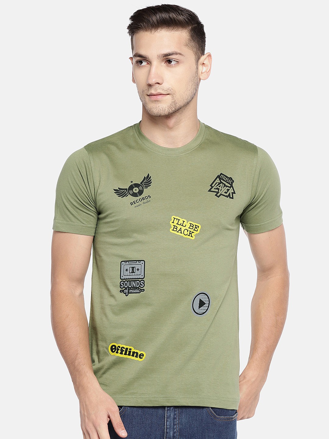 

Globus Men Olive Green Printed Round Neck Pure Cotton T-shirt