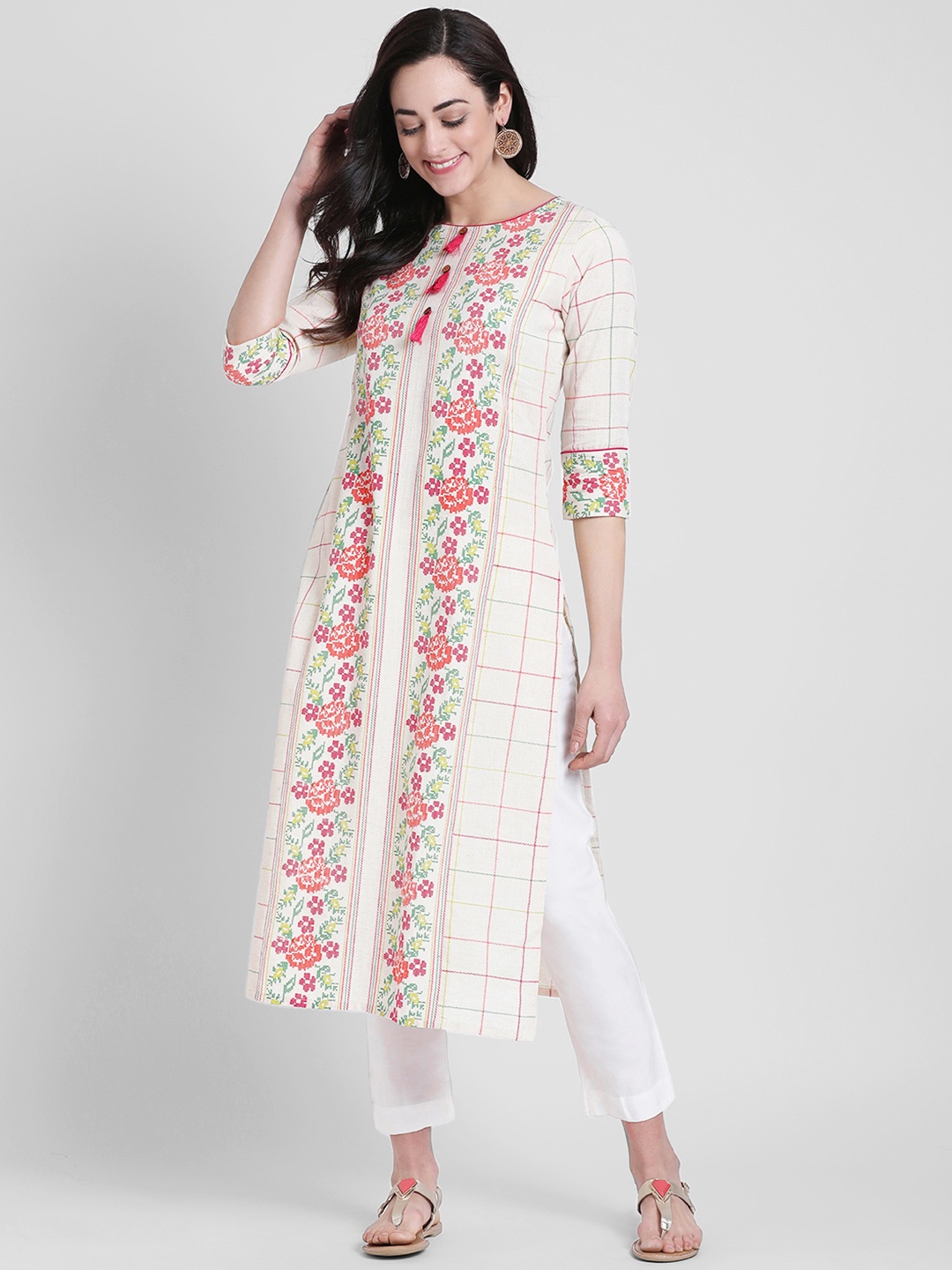 

Azira Women Off-White & Pink Checked Straight Kurta