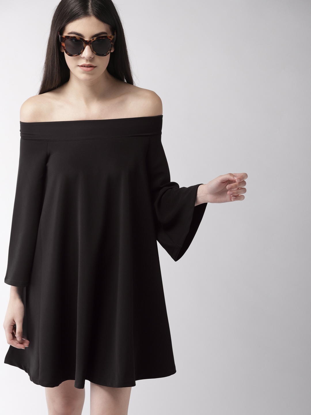 

FOREVER 21 Women Black Solid Kendall + Kylie A-Line Off-Shoulder Dress