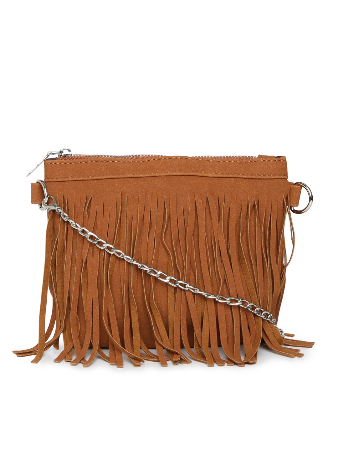 

People Rust Brown Solid Fringed Sling Bag