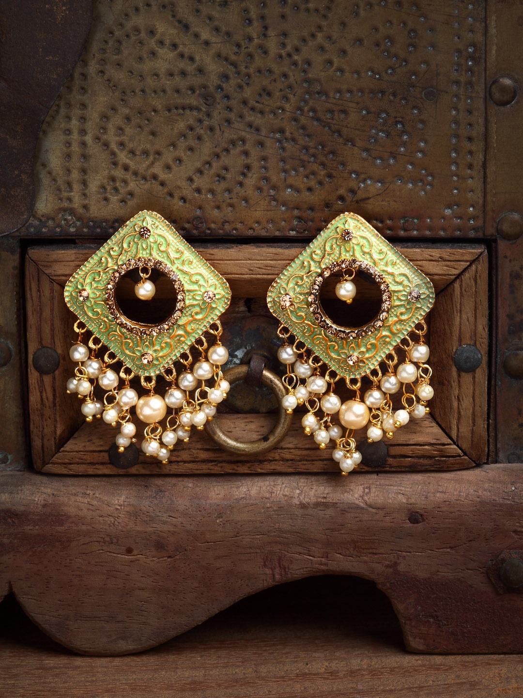 

PANASH Gold-Toned & Green Square Drop Earrings