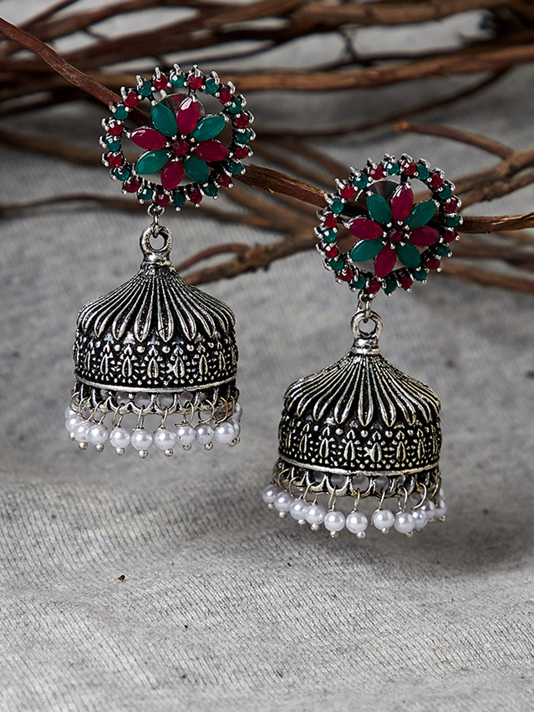 

PANASH Silver-Toned & Green Dome Shaped Jhumkas