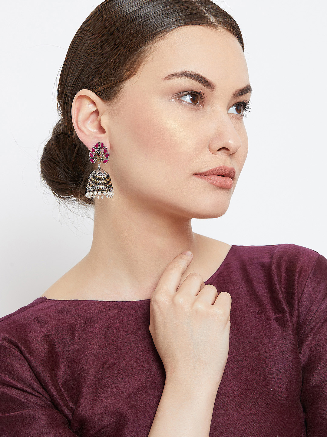 

PANASH Silver-Toned & Pink Peacock Shaped Jhumkas