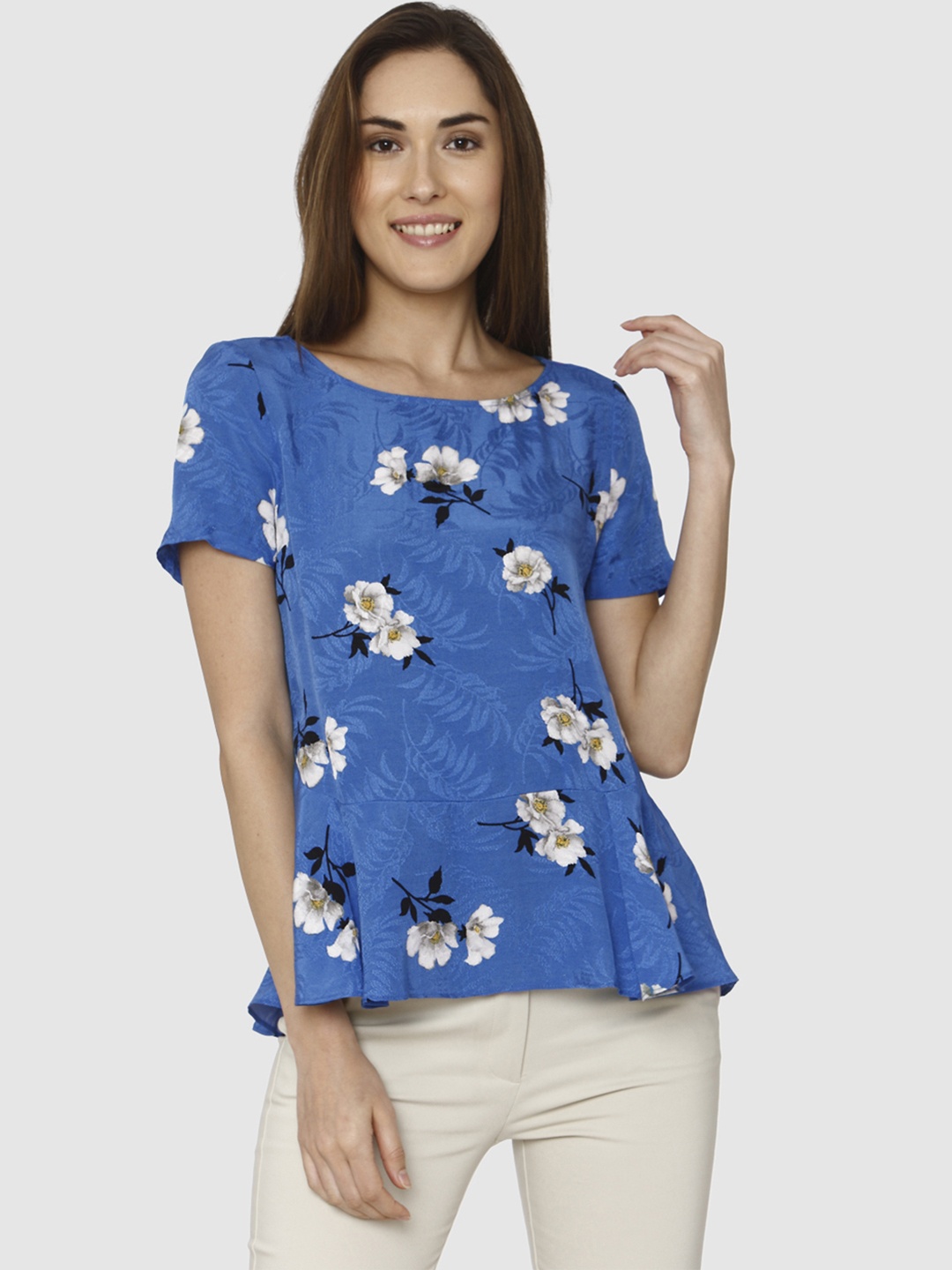 

Vero Moda Women Blue Printed Peplum Top