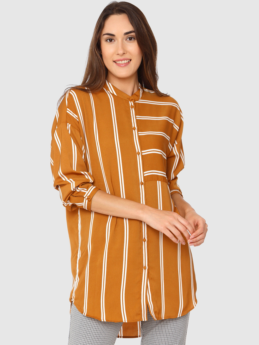 

Vero Moda Women Brown & White Regular Fit Striped LonglineCasual Shirt