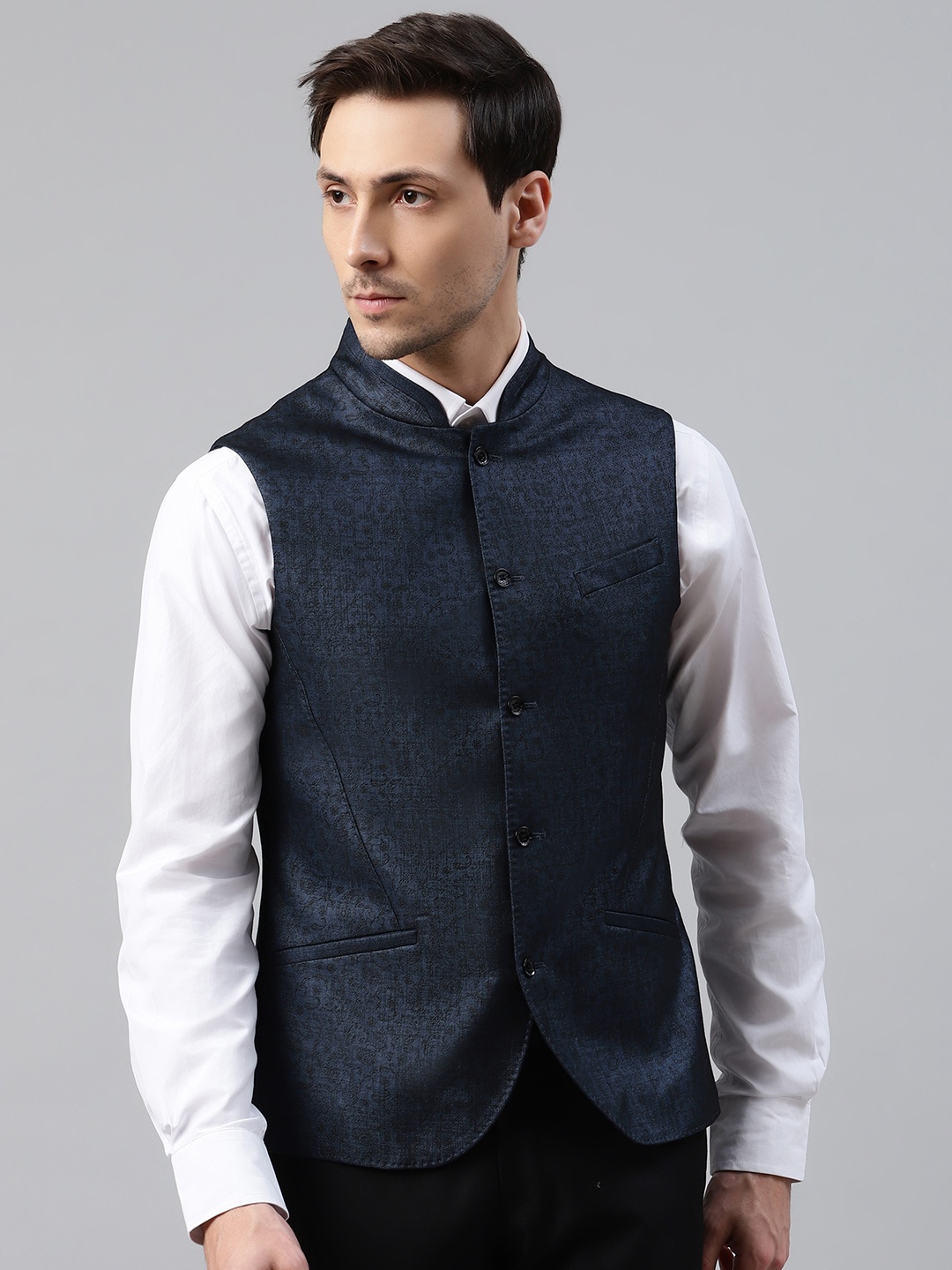 

Blackberrys Men Navy Blue & Black Ethnic Slim Fit Printed Smart Casual Nehru Jacket