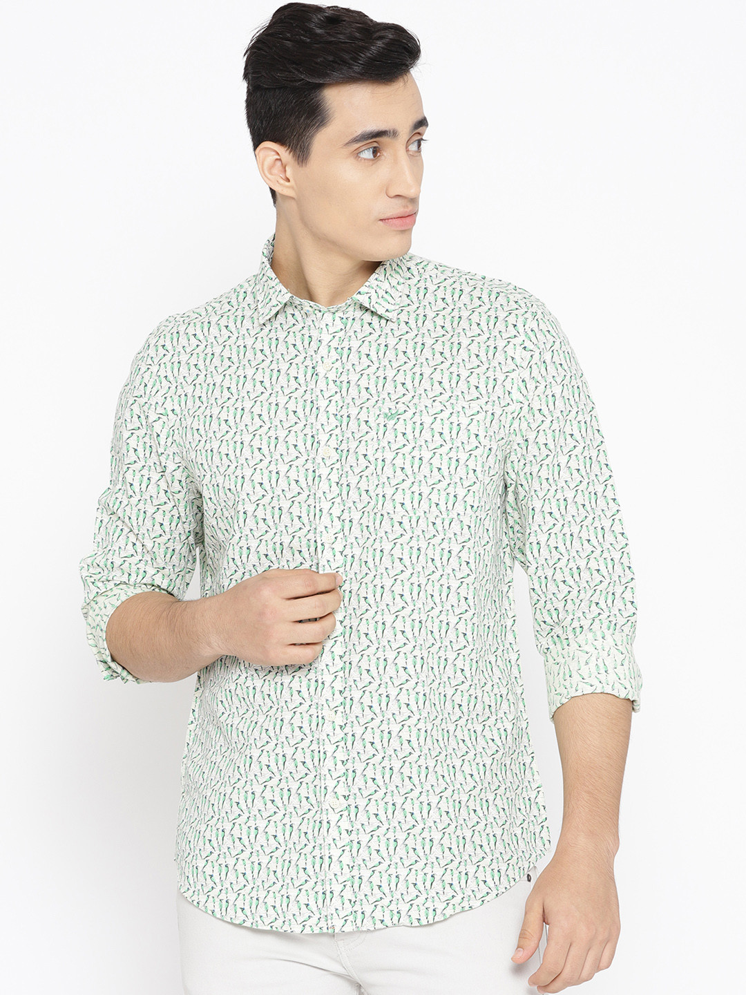 

Blackberrys Men Cream-Coloured & Green Slim Fit Printed Casual Shirt