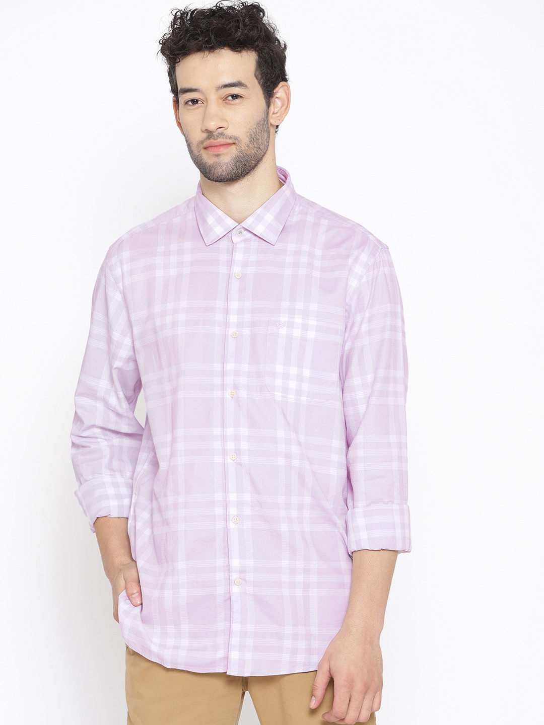 

Blackberrys Men Lavender & Off-White Slim Fit Checked Casual Shirt