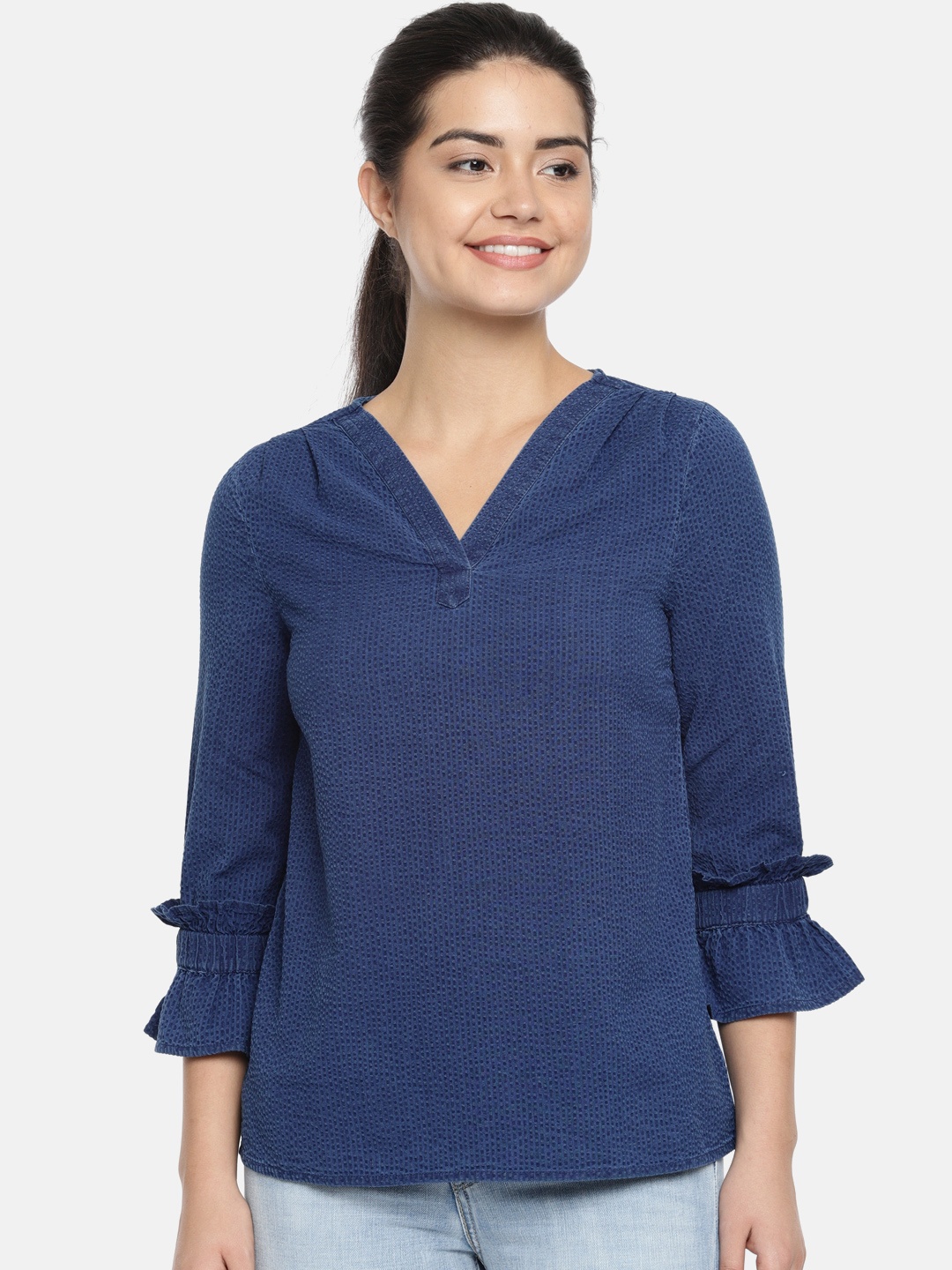 

Vero Moda Women Blue Self Design Pure Cotton Top