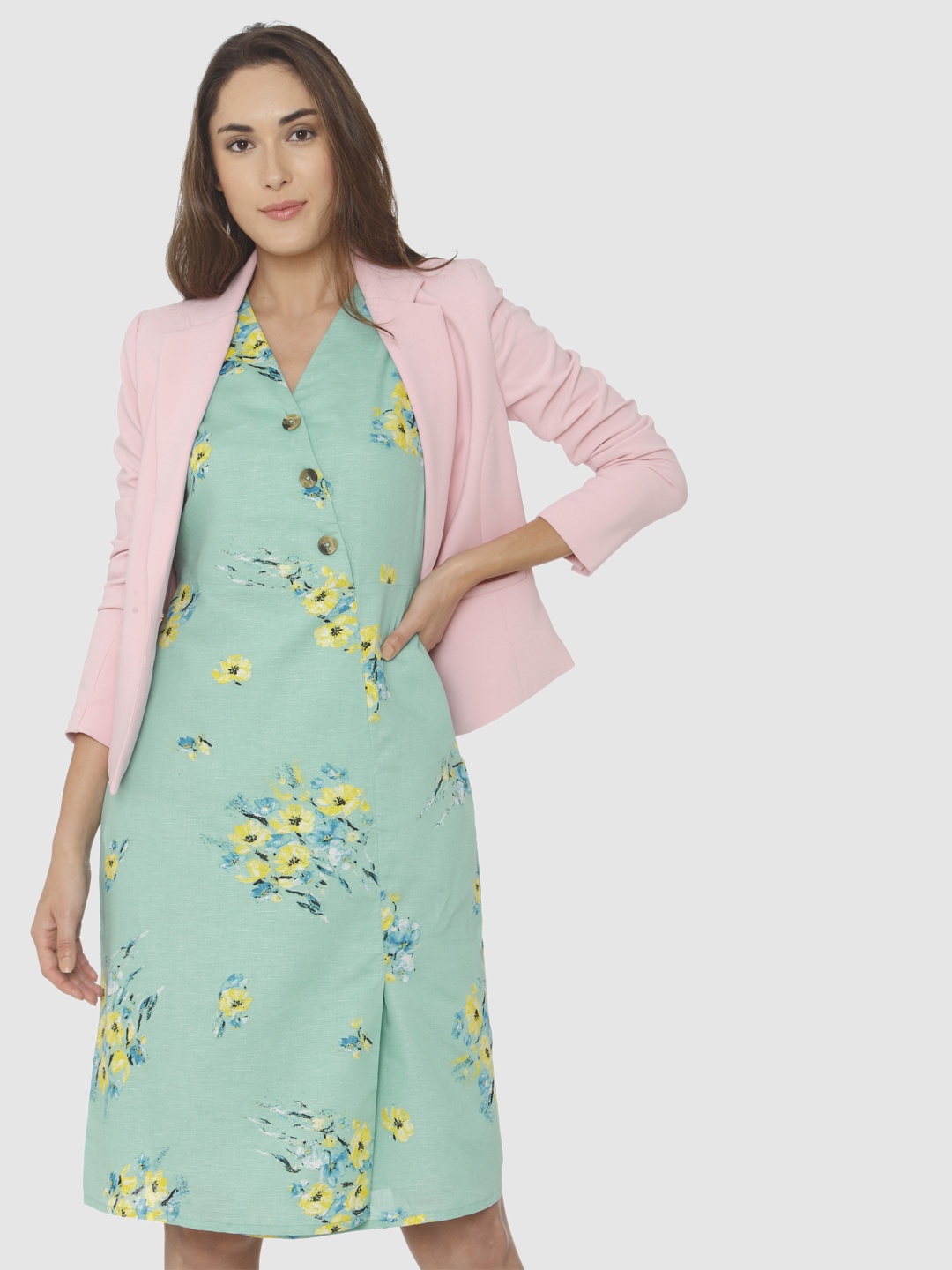 

Vero Moda Women Green Printed A-Line Dress