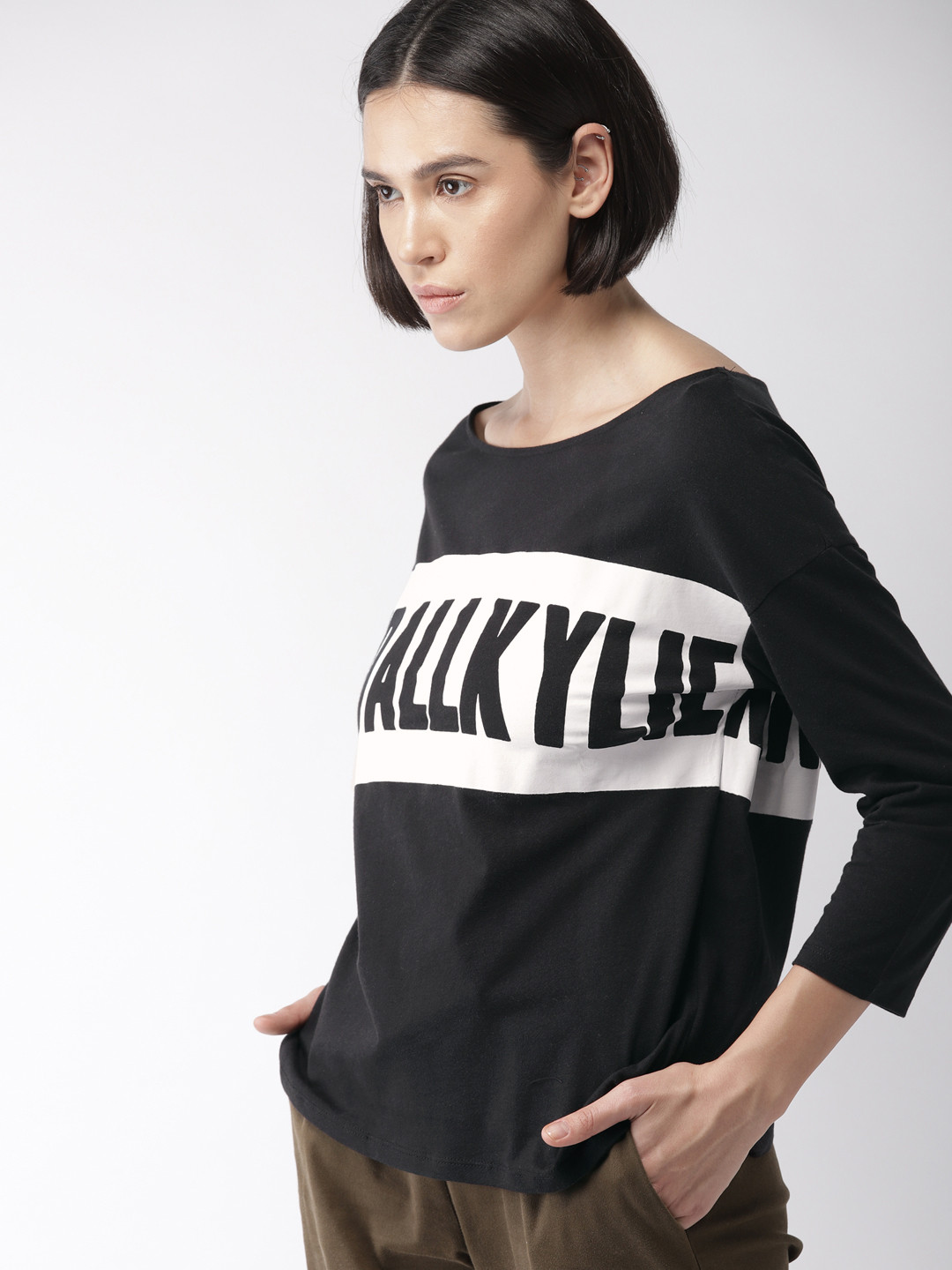 

FOREVER 21 Women Black Kendall + Kylie Printed Round Neck Pure Cotton T-shirt