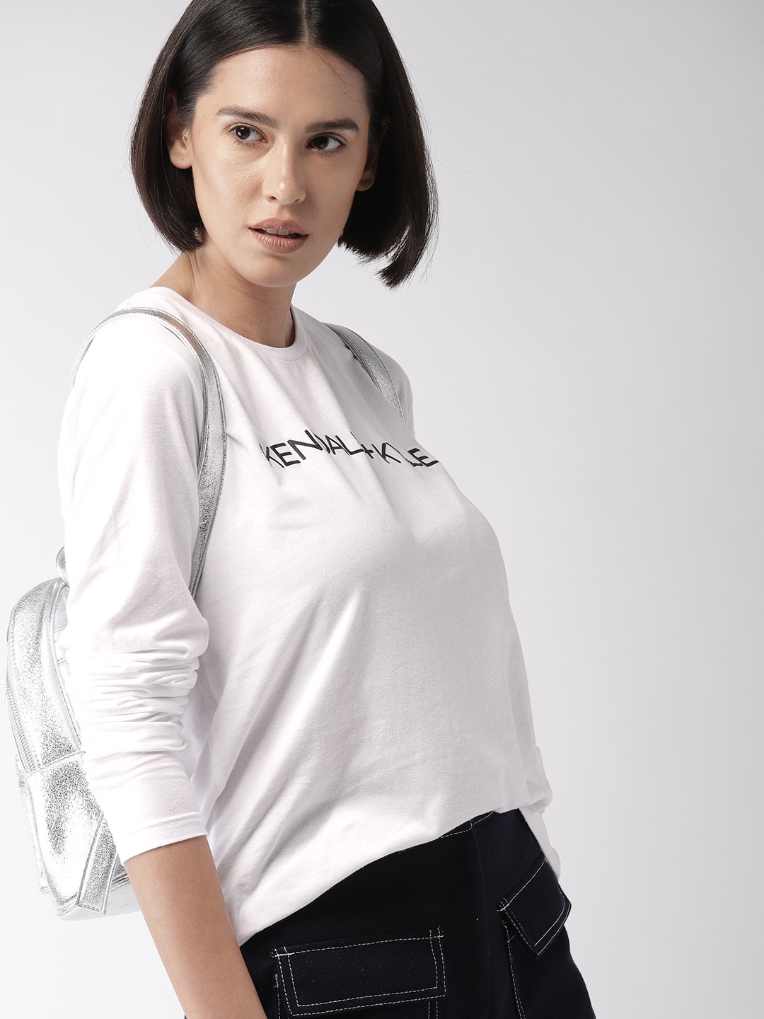 

FOREVER 21 Kendall + Kylie Women White Printed Round Neck Pure Cotton T-shirt
