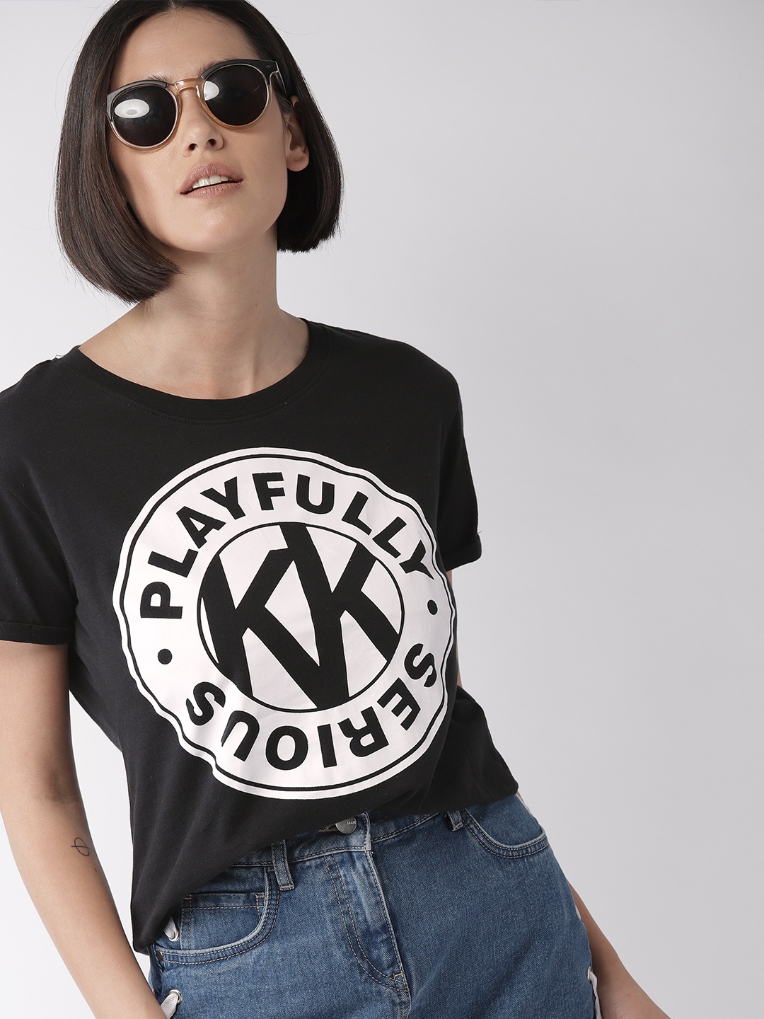 

FOREVER 21 Kendall + Kylie Women Black Printed Round Neck Pure Cotton T-shirt