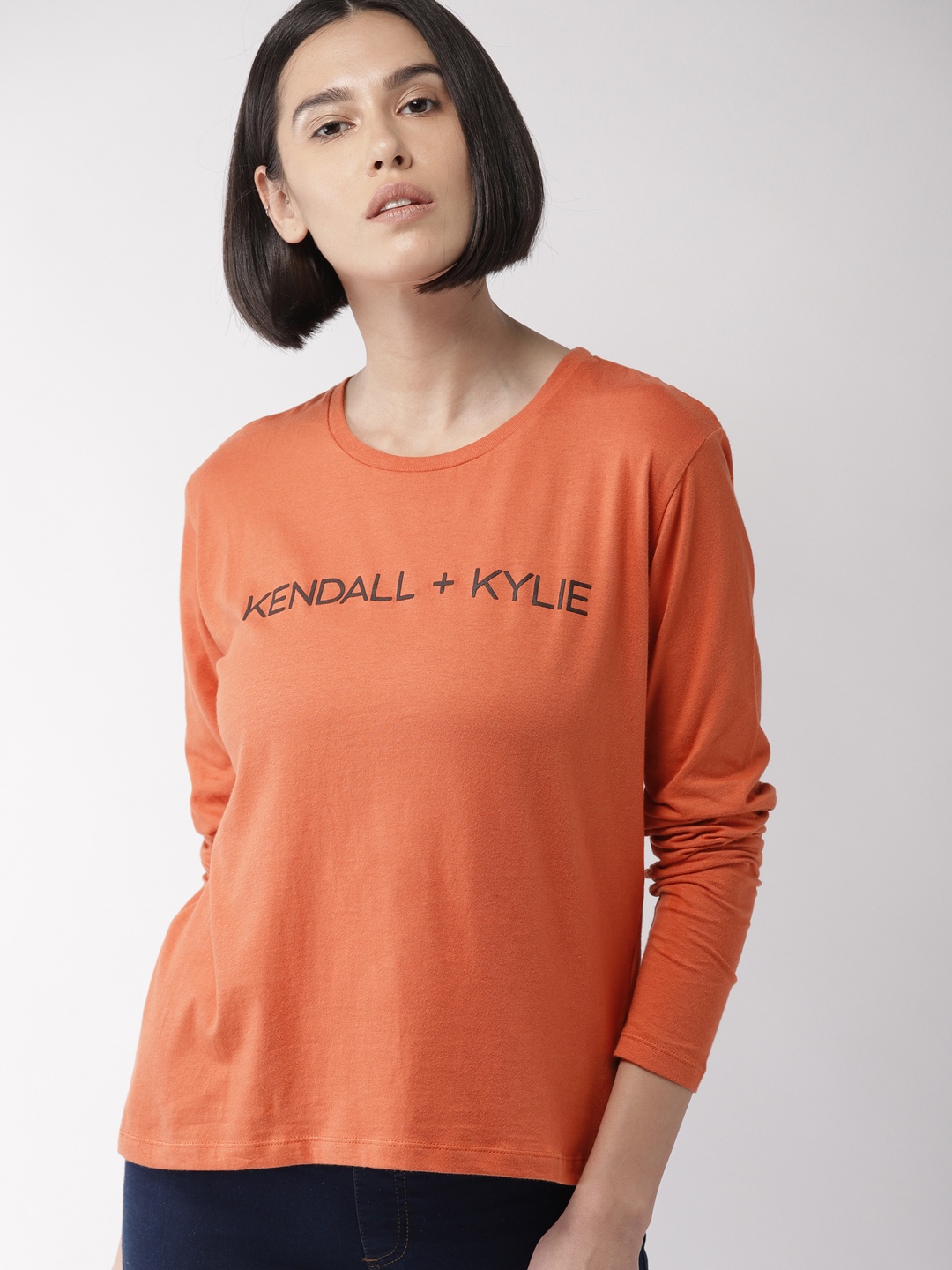 

FOREVER 21 Women Orange Printed Kendall + Kylie Round Neck T-shirt