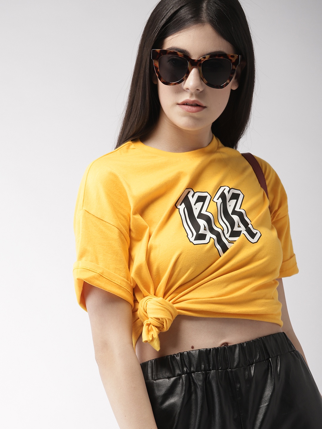 

FOREVER 21 Kendall + Kylie Women Yellow Printed Round Neck Pure Cotton T-shirt