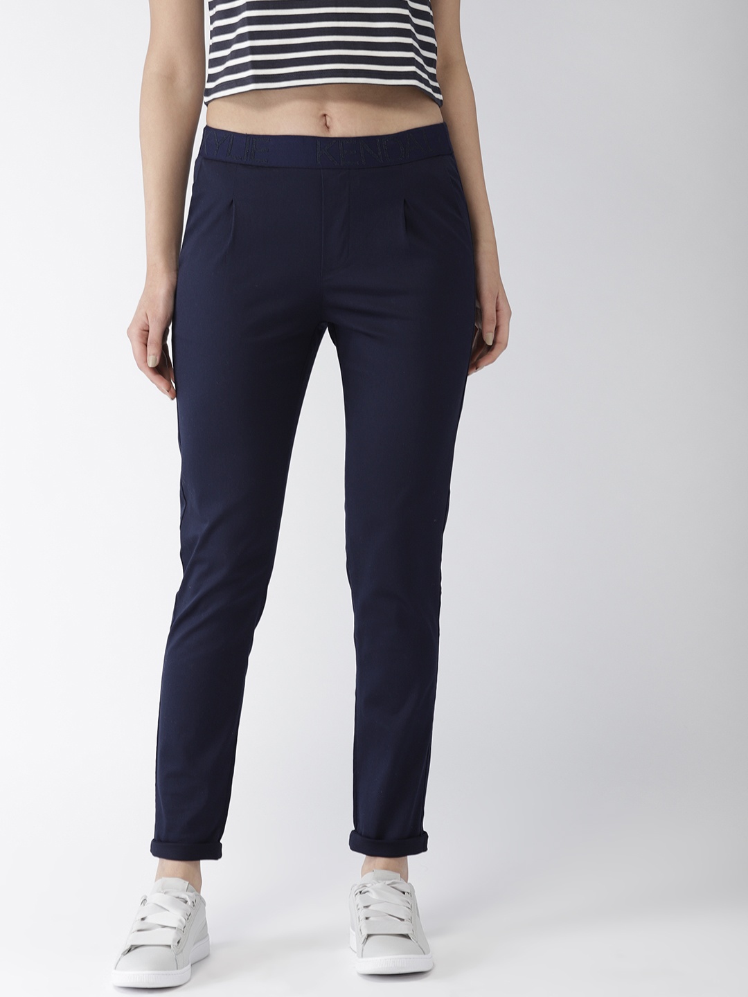 

FOREVER 21 Kendall + Kylie Women Navy Blue Regular Fit Solid Regular Trousers